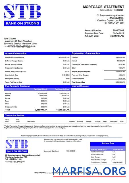 Blank Laos ST Bank mortgage statement Word and PDF template